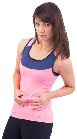 Transparent Female in Sporty Attire Holding Stomach