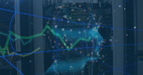 Futuristic Wireframe Head Hologram in Data Center Environment