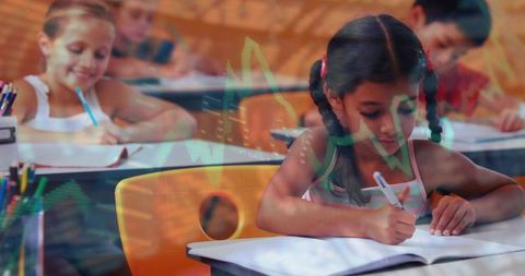 Elementary girl writing in classroom with braids, focused learning and data overlay