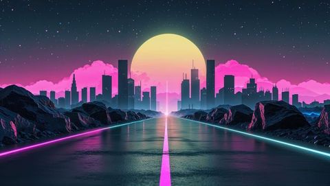 Futuristic neon-lit highway leading to cyberpunk skyline at night