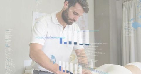 Therapist delivering manual therapy on treatment table with holographic health data overlay