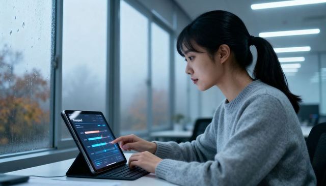 Focused business analyst using tablet dashboard in modern office with rainy window view
