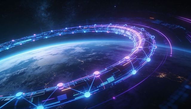 Encircling neon data ring pulsing with connected nodes around planet earth night lights
