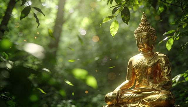 Gilded buddha meditating in sunlit forest with soft bokeh light and floating green leaves