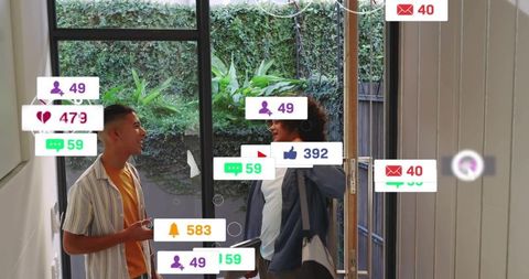 Young men chatting at modern doorway with floating social media notifications overlay