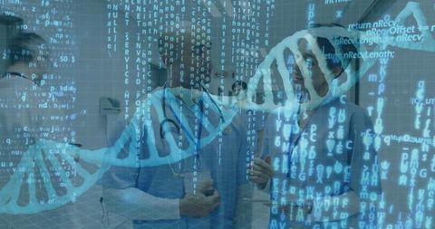Doctors Analyzing DNA Code in Futuristic Hospital Corridor