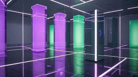 futuristic hall with glowing neon columns and grid - Download Free Stock Images Pikwizard.com