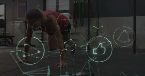Woman Performing Mountain Climber Workout in Gym with Augmented Reality Fitness Icons AR HUD