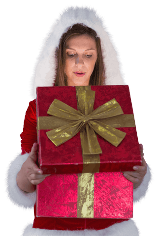 Surprised young woman opening gift with excitement transparent background