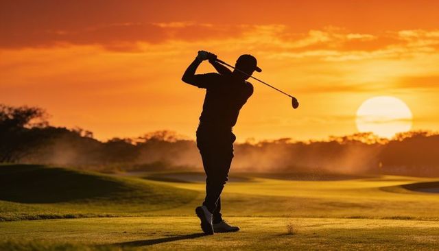Silhouette golfer finishing swing at dramatic sunset on championship golf course