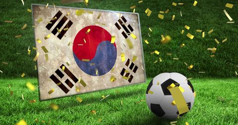 Korean Flag and Football Celebrating Victory with Gold Confetti