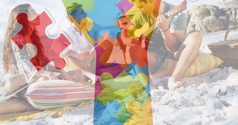 Colorful Puzzle Overlay on Beach Friends Gathering