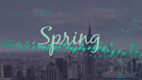 Data visualization overlay on cityscape in spring theme