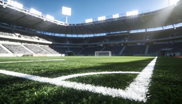 Low-angle soccer corner showing white arc and sideline on green turf under floodlights