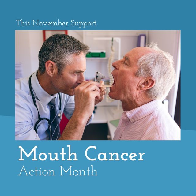 Image shows a doctor examining a patient's mouth during Mouth Cancer Action Month. Ideal for use in health awareness campaigns, medical articles, educational materials, and social media promotions to support mouth cancer awareness.