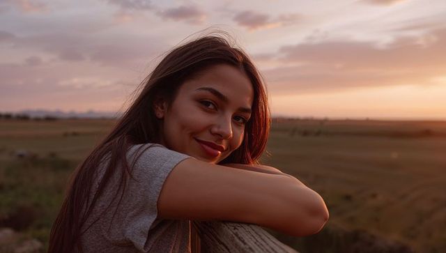 Young woman leaning on wooden railing at countryside overlook smiling during golden sunset
