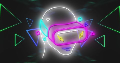 Neon VR Headset with Vibrant Triangles on Black Background