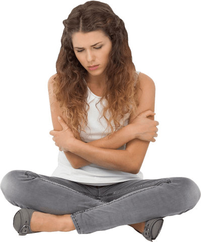 Transparent Background Sad Woman Sitting Cross-Legged in Casual Wear