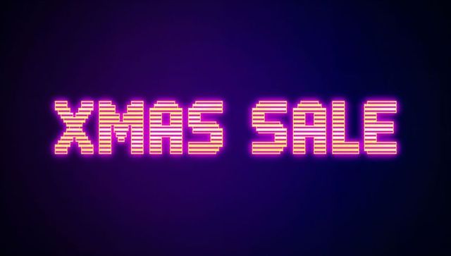 Retro neon xmas sale glowing synthwave banner purple pink gradient for holiday promotion