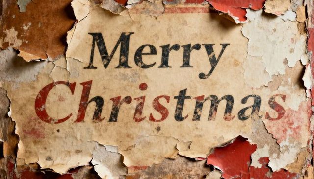 Vintage merry christmas poster peeling on weathered painted wall distressed holiday typography