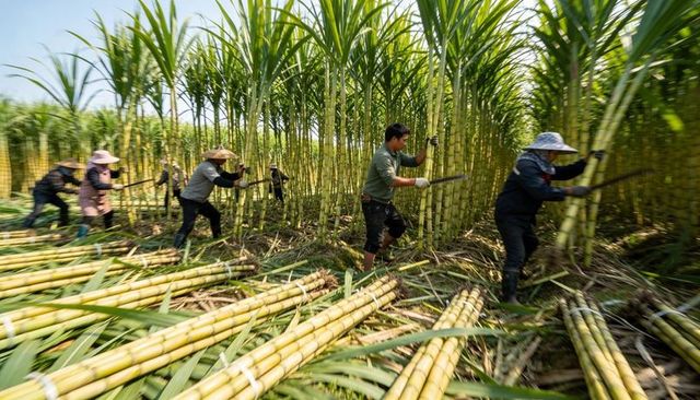 Farm workers harvesting sugarcane with machetes in dense tropical plantation rows
