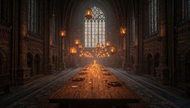 Gothic hall with candles and stained glass ambiance