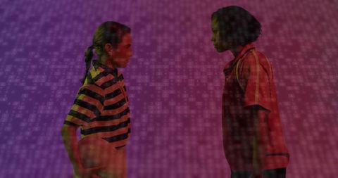 Two women in sports attire with digital binary code background