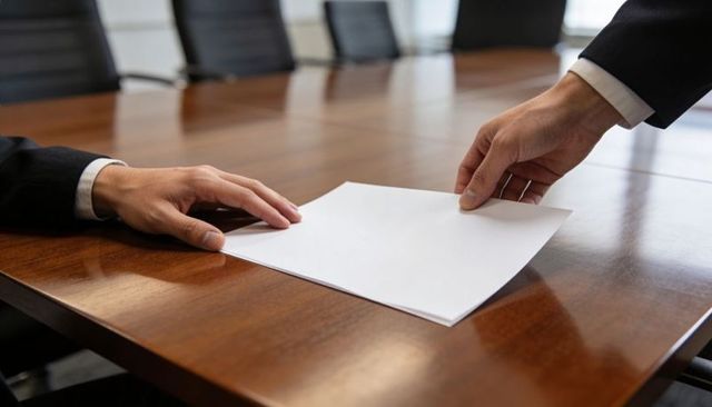 Business executives handing blank contract across polished conference table during negotiation