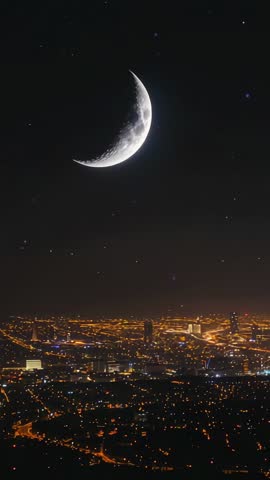 Crescent Moon Rotating Over Illuminated Cityscape Vertical Nighttime Timelapse