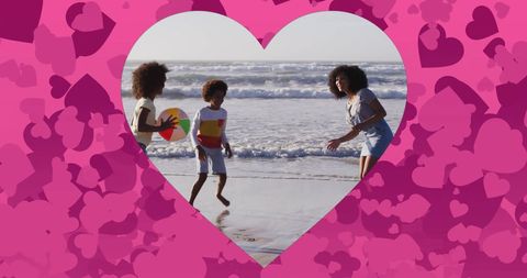 Children playing beach ball in heart frame pink pattern