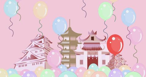 Colorful Balloons over Simplified Asian Skyline - Download Free Stock Images Pikwizard.com