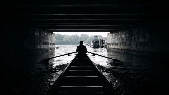 Silhouette rower paddling through underpass toward sunlit river exit and moored boat