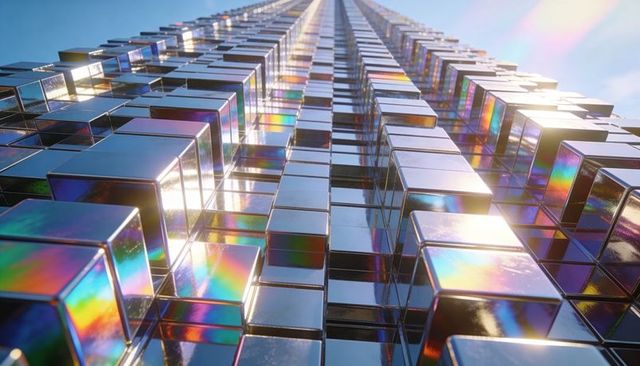 Mirrored cubes tower receding skyward with iridescent rainbow reflections on metallic facade