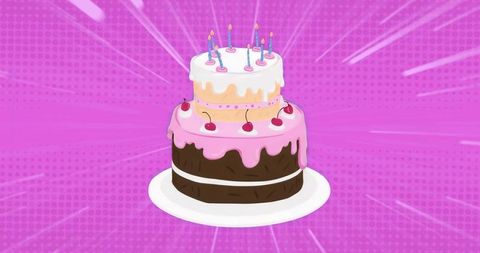 Three-tier birthday cake with candles and cherries on pink background