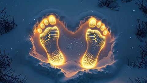 Glowing footprints in snowy field at night