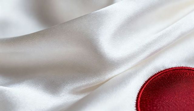 White satin fabric with red embroidered circle showing diagonal weave and soft folds