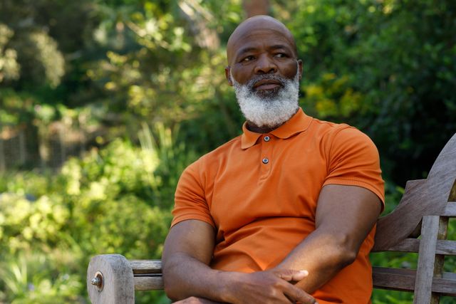 Old african american man with a white beard and bald head sitting on a wooden park bench on a bright and sunny day. behind him are bushes and plants.