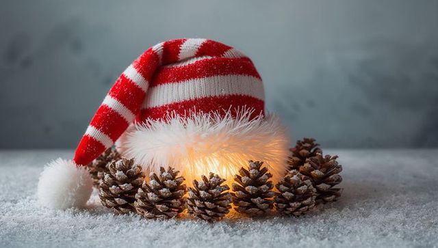 Resting Red and White Santa Hat Glowing on Snow with Frosted Pine Cones Holiday Centerpiece