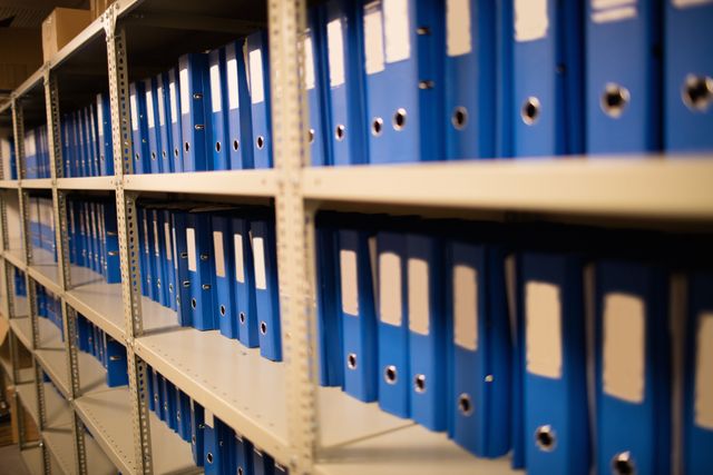 Blue files arranged on shelves in storage room