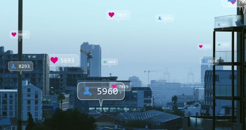 Social media analytics over urban skyline at dusk