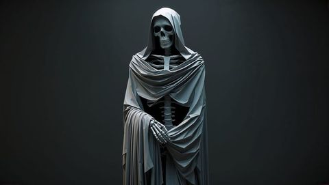Mysterious hooded grim reaper skeleton in dramatic contrast