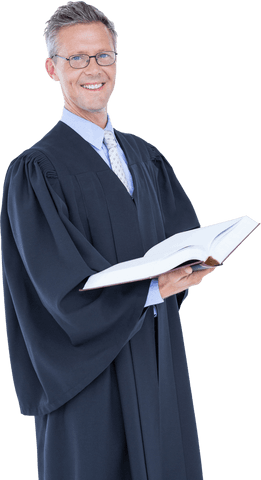 Happy transparent lawyer holding legal book