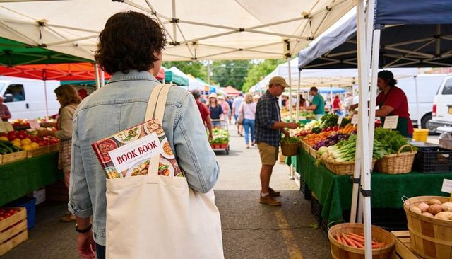 Woman walking through farmers market carrying cookbook in canvas tote, local fresh produce