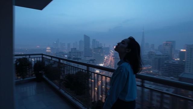 Young woman gazing over hazy urban skyline at blue hour from balcony, silhouette mood