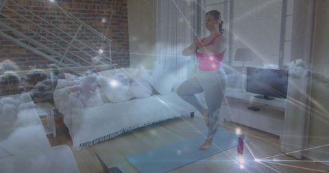 Woman Practicing Virtual Yoga with Digital Network Overlay