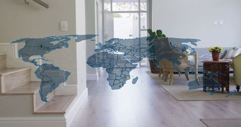 Holographic world map floating over minimalist home entry with wooden stairs and living area