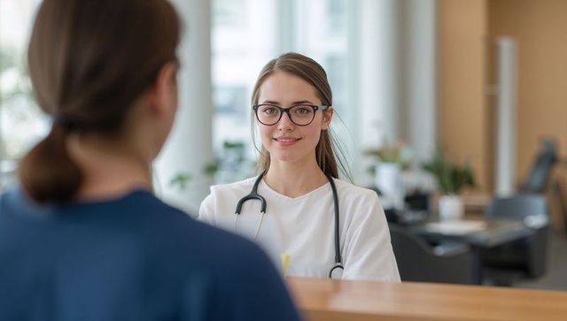 Smiling Female Clinician Listening to Patient at Clinic Reception with Stethoscope