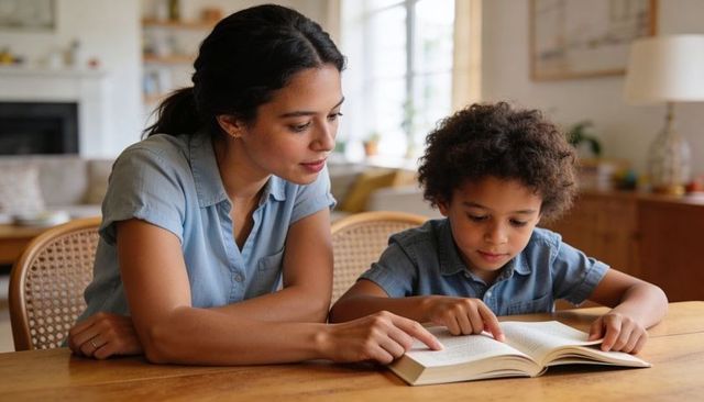 Parent guiding child reading together at home table for literacy, learning, bonding