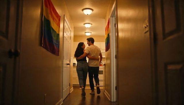 Young couple embracing walking down hallway toward kitchen with rainbow pride flags