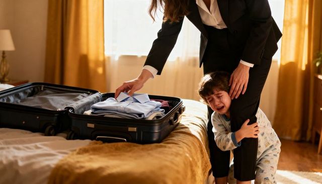Businesswoman packing for trip while young son clings and cries, emotional home farewell